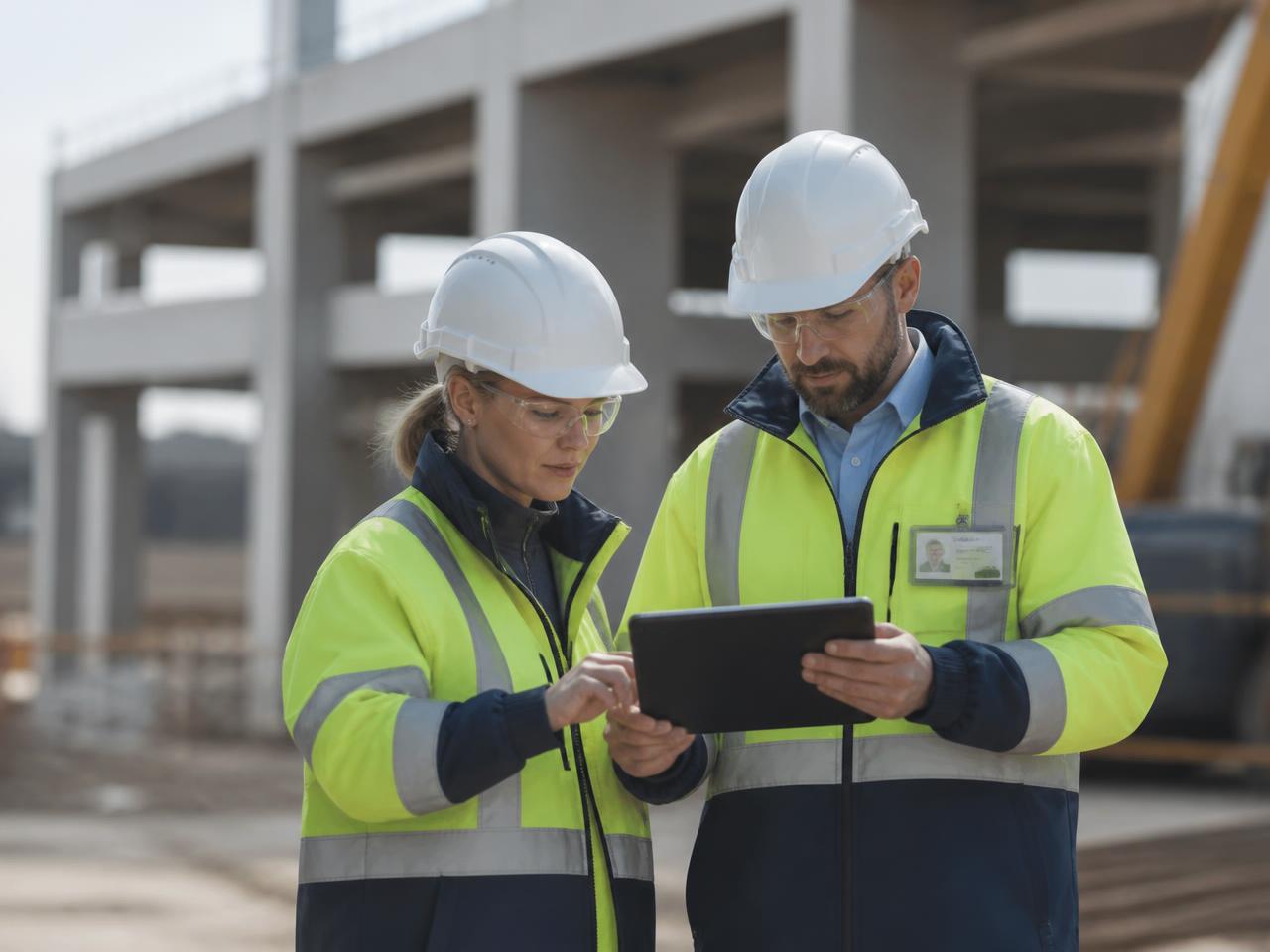 Zwei Baufachleute besprechen Pläne auf der Baustelle
